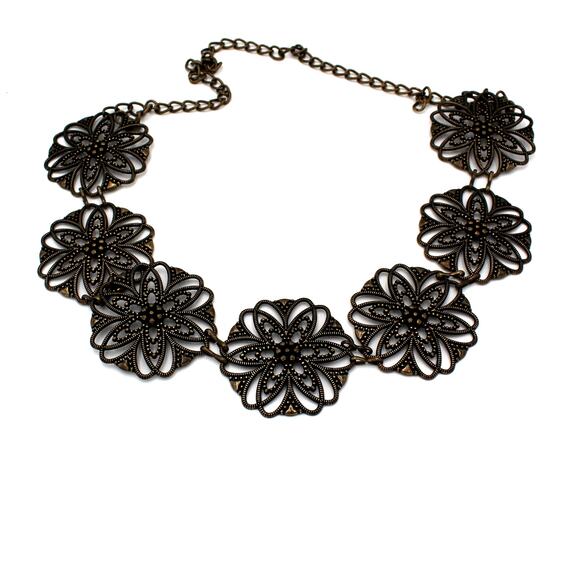 Y2K Filigree Boho Floral Metal Statement Belt Antique Bronze Chain Adjustable - Picture 1 of 6
